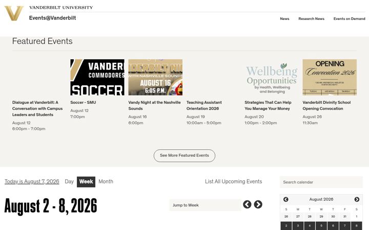 Screenshot of events.vanderbilt.edu
