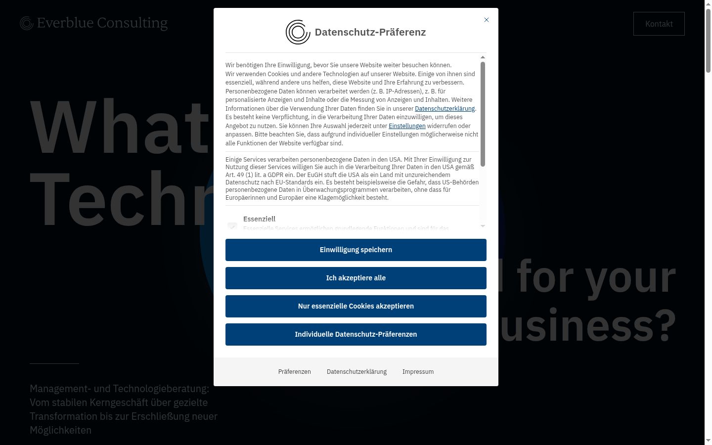 Screenshot del banner di consenso mostrato prima di qualsiasi interazione