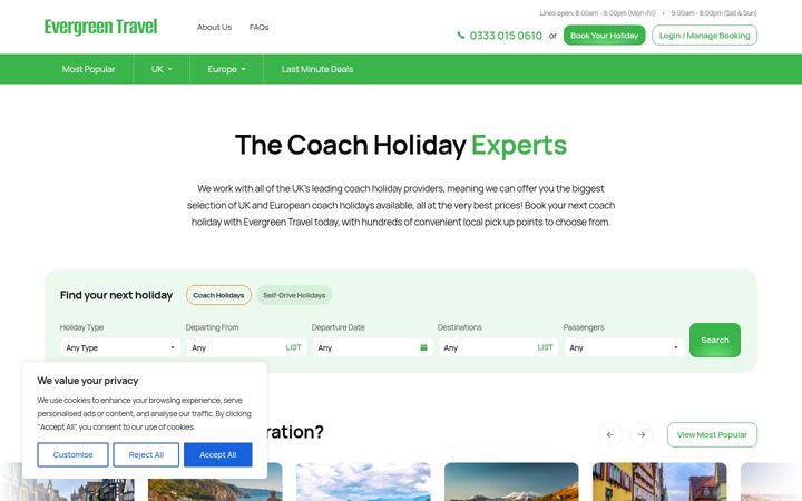 Kuvakaappaus sivustosta evergreentravel.co.uk