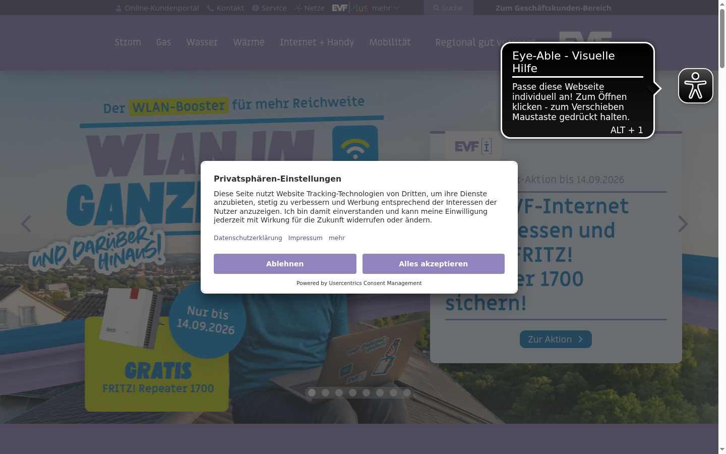 Captura de ecrã do banner de consentimento apresentado antes de qualquer interação