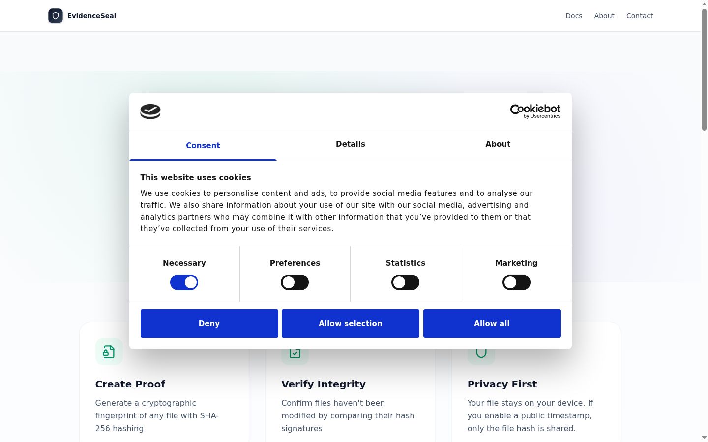 Screenshot del banner di consenso mostrato prima di qualsiasi interazione