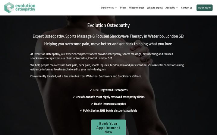 Captură de ecran a evolutionosteopathy.co.uk