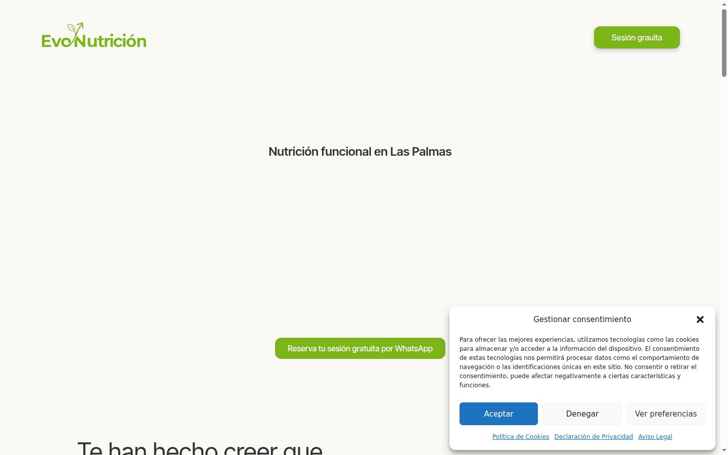 Captura de pantalla del banner de consentimiento mostrado antes de cualquier interacción