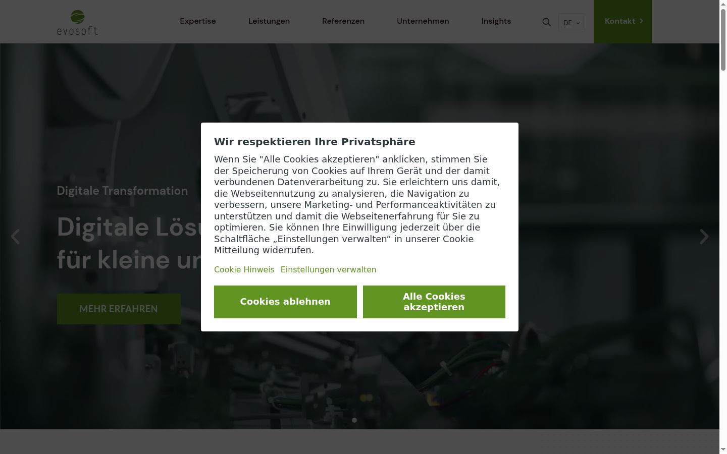 Screenshot des Einwilligungsbanners vor jeglicher Interaktion