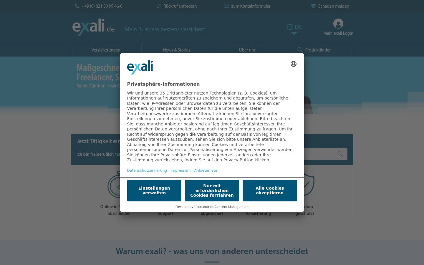 Screenshot des Einwilligungsbanners vor jeglicher Interaktion