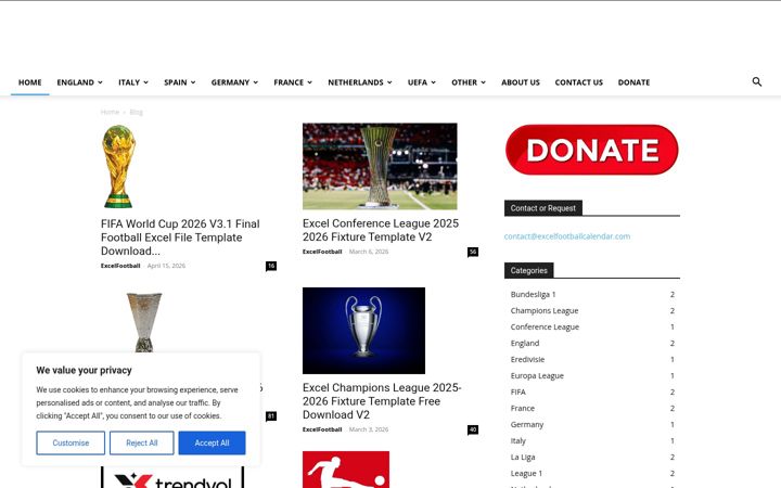 Screenshot of excelfootballcalendar.com