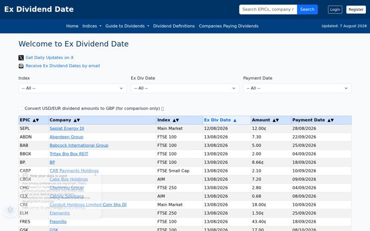Screenshot of exdividenddate.co.uk