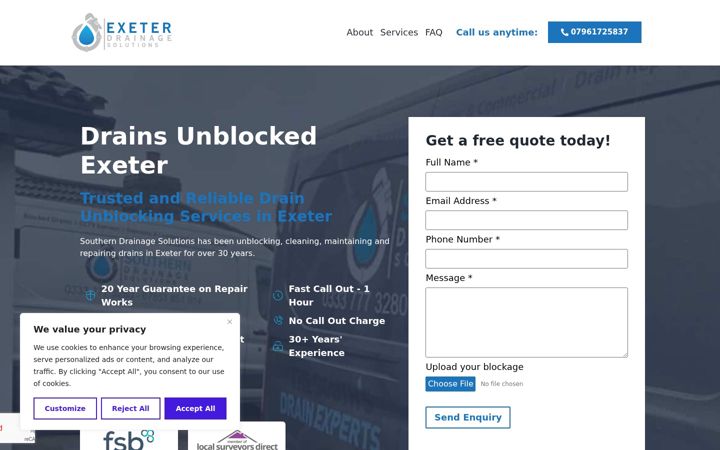 Screenshot of exeterdrainunblocking.uk