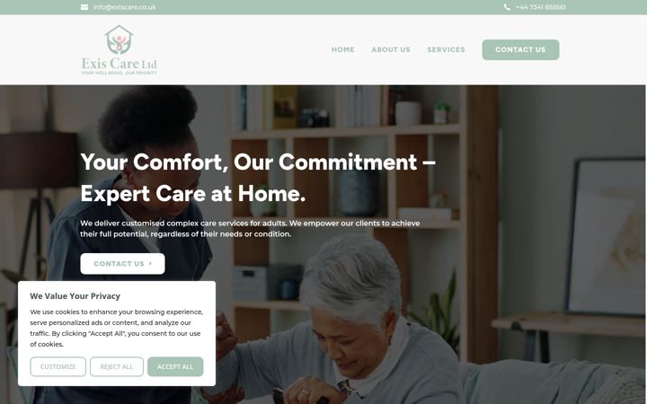 Screenshot of exiscare.co.uk