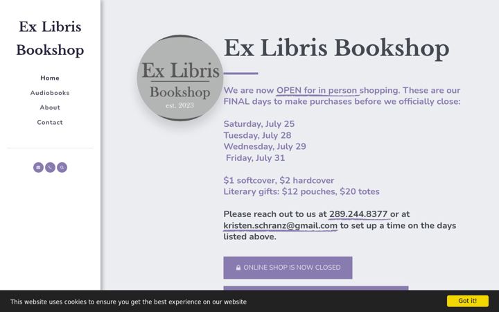 Screenshot of exlibrisbookshop.ca