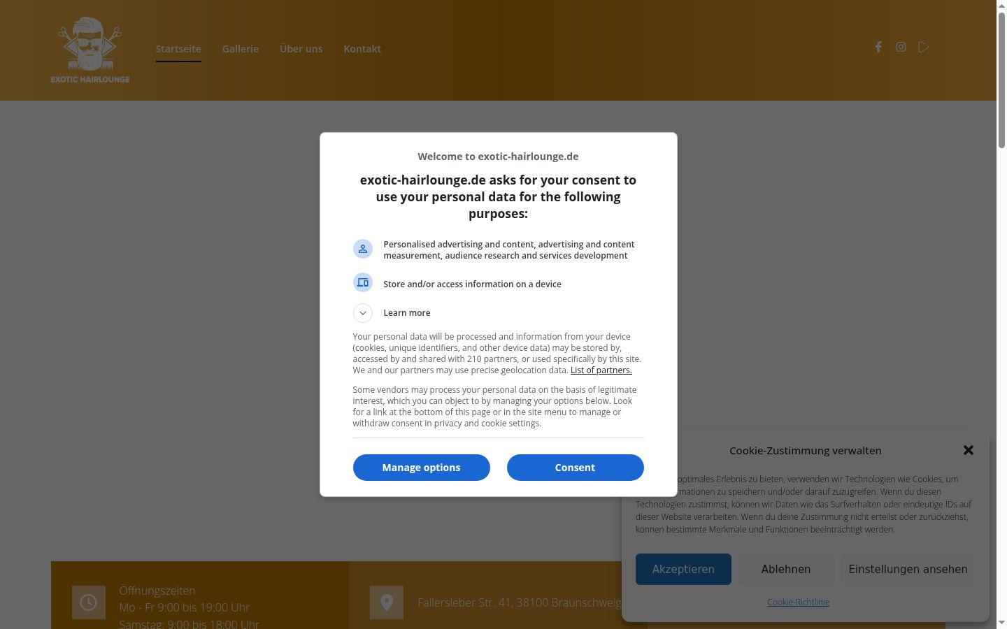 Captura de ecrã do banner de consentimento apresentado antes de qualquer interação