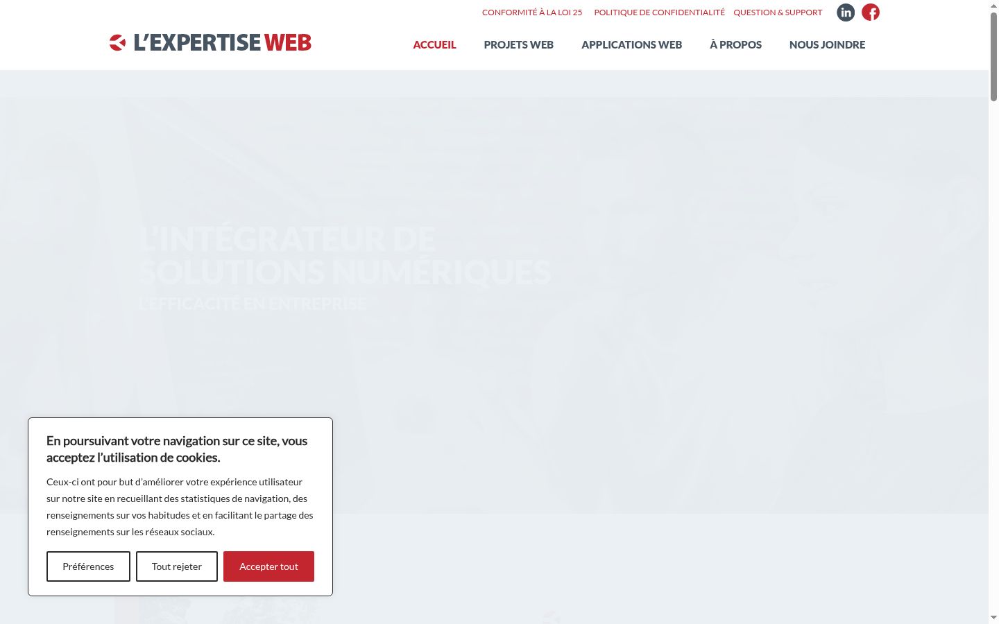 Capture d'écran de la bannière de consentement affichée avant toute interaction