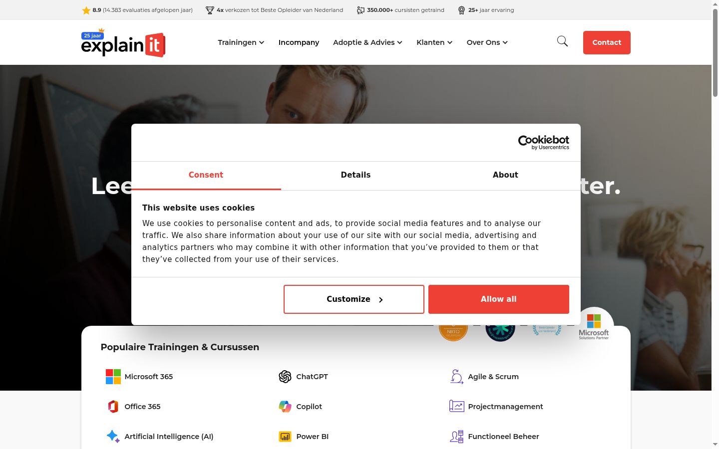Snímek obrazovky baneru souhlasu zobrazeného před jakoukoli interakcí