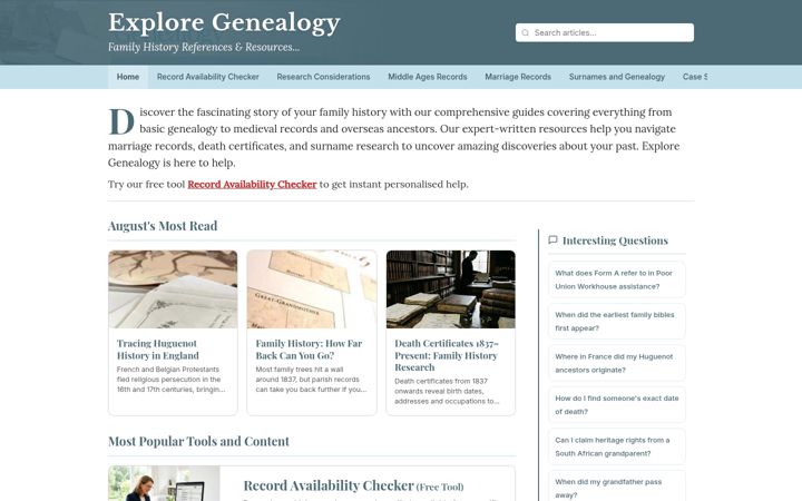 Screenshot of exploregenealogy.co.uk