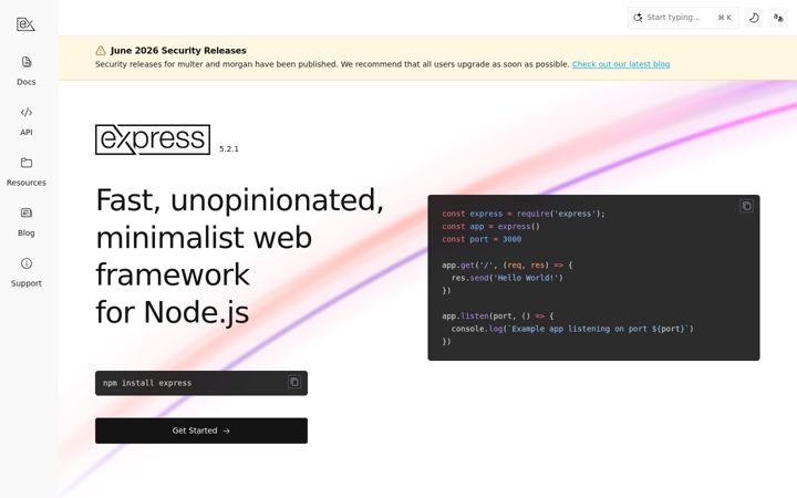 Captura de ecrã de expressjs.com