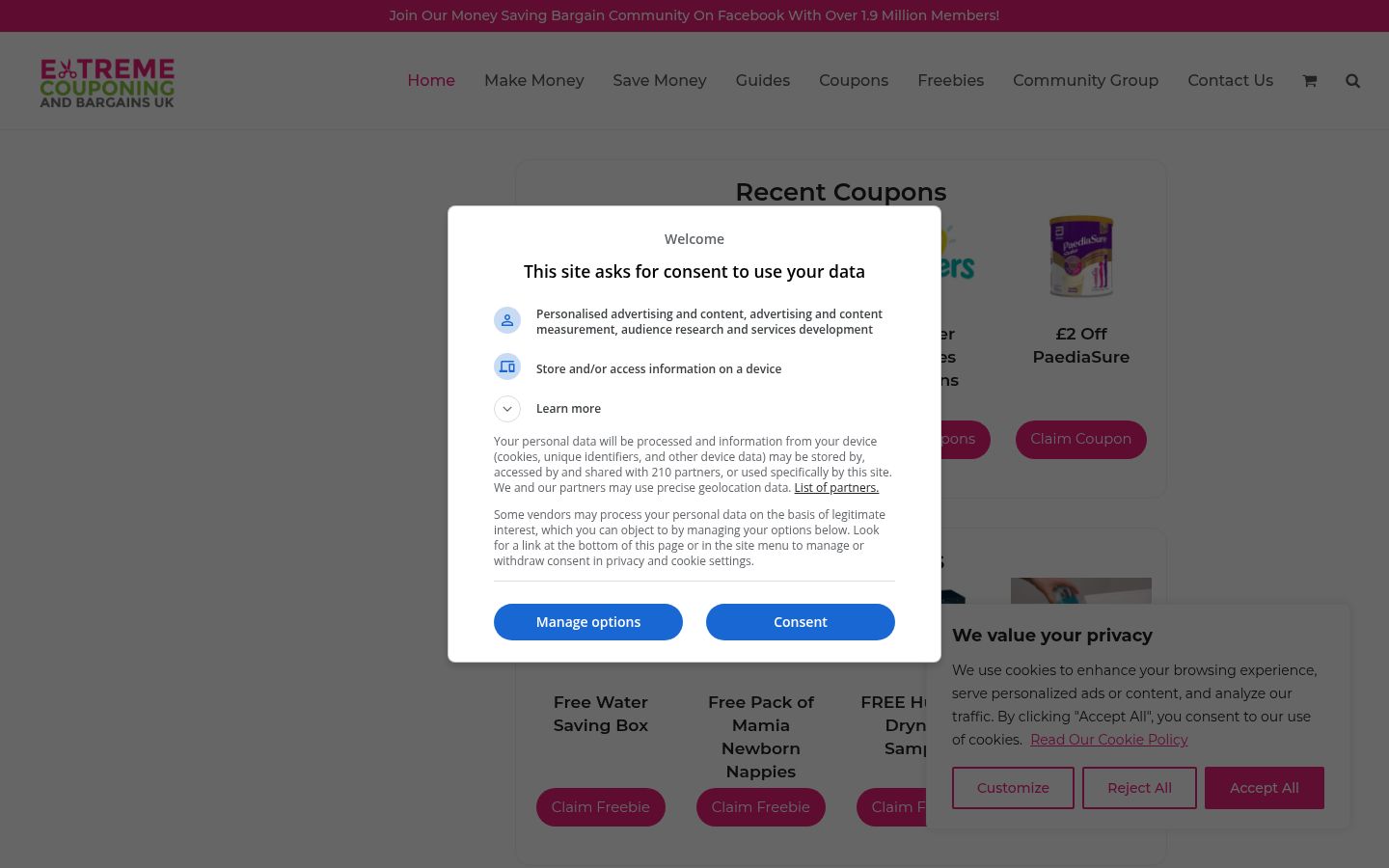 Screenshot del banner di consenso mostrato prima di qualsiasi interazione