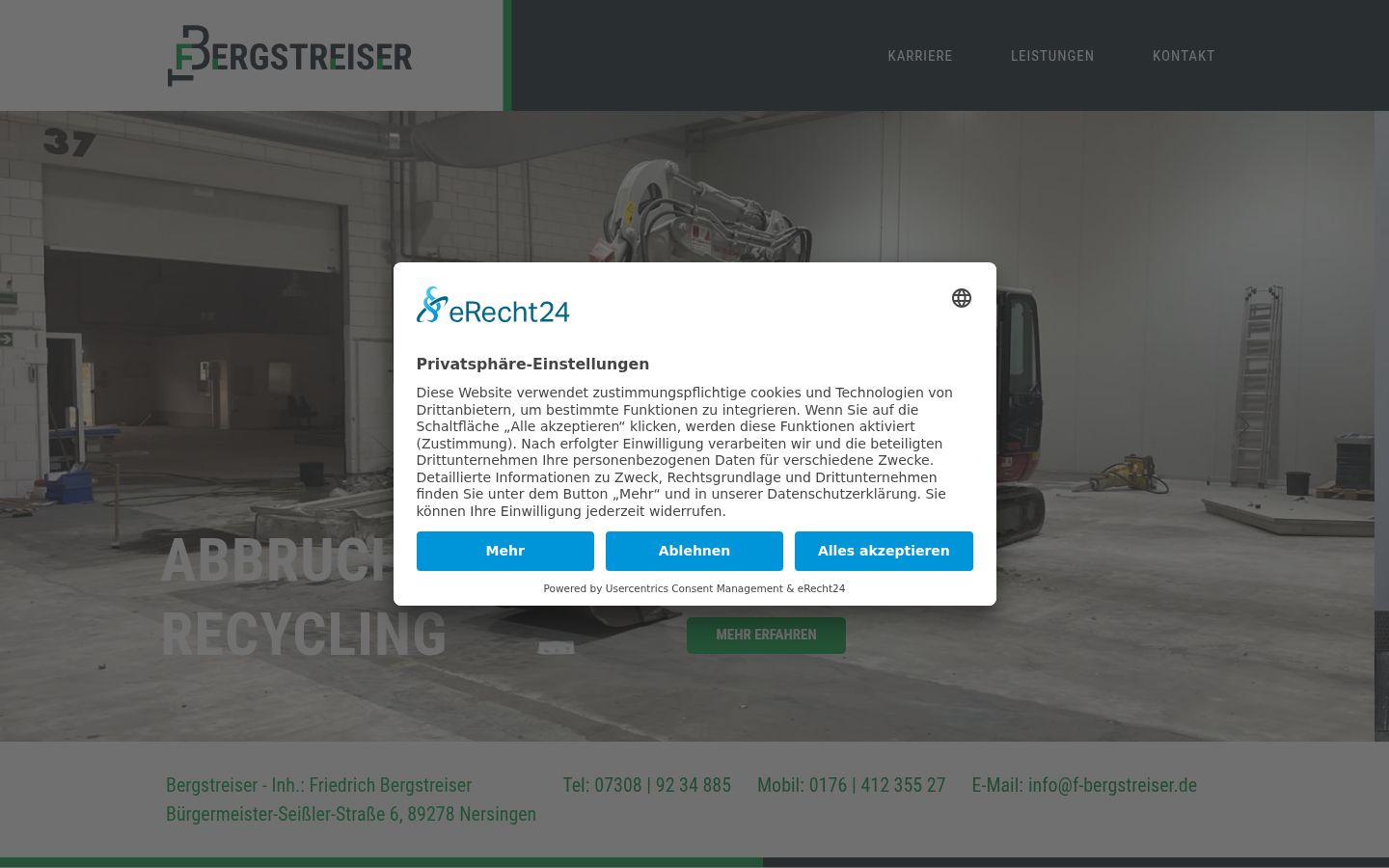 Screenshot des Einwilligungsbanners vor jeglicher Interaktion
