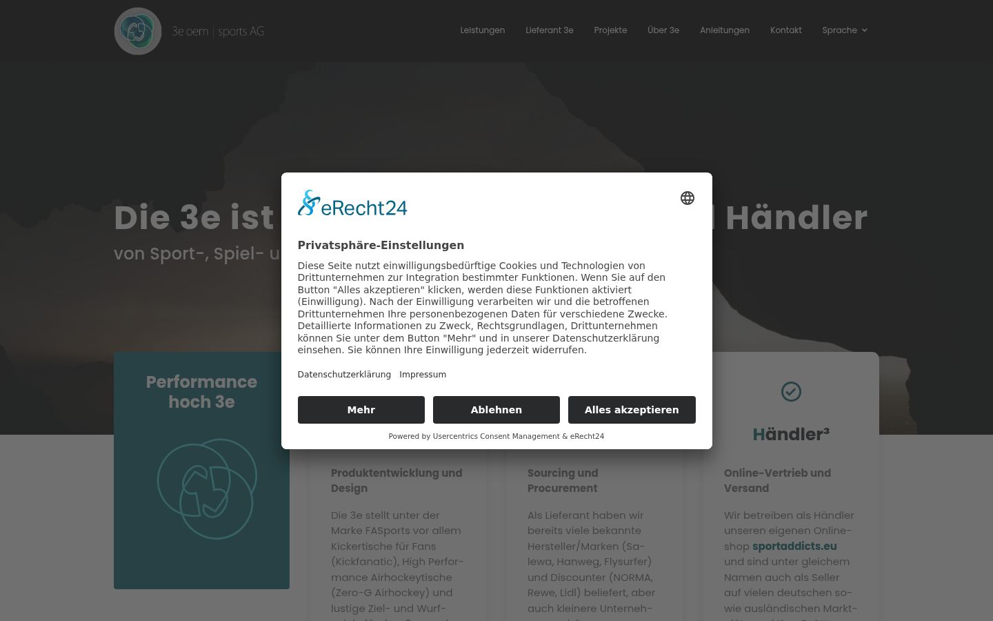 Screenshot des Einwilligungsbanners vor jeglicher Interaktion