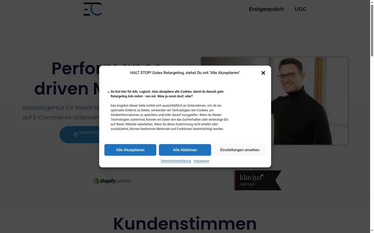 Screenshot des Einwilligungsbanners vor jeglicher Interaktion
