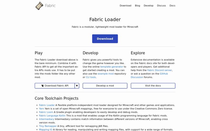 Ekrano kopija fabricmc.net