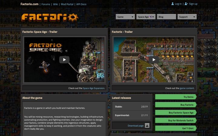 Screenshot stránky factorio.com