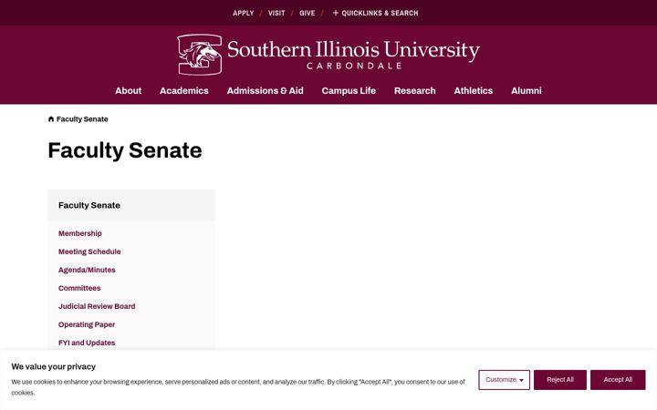 Screenshot of facultysenate.siu.edu