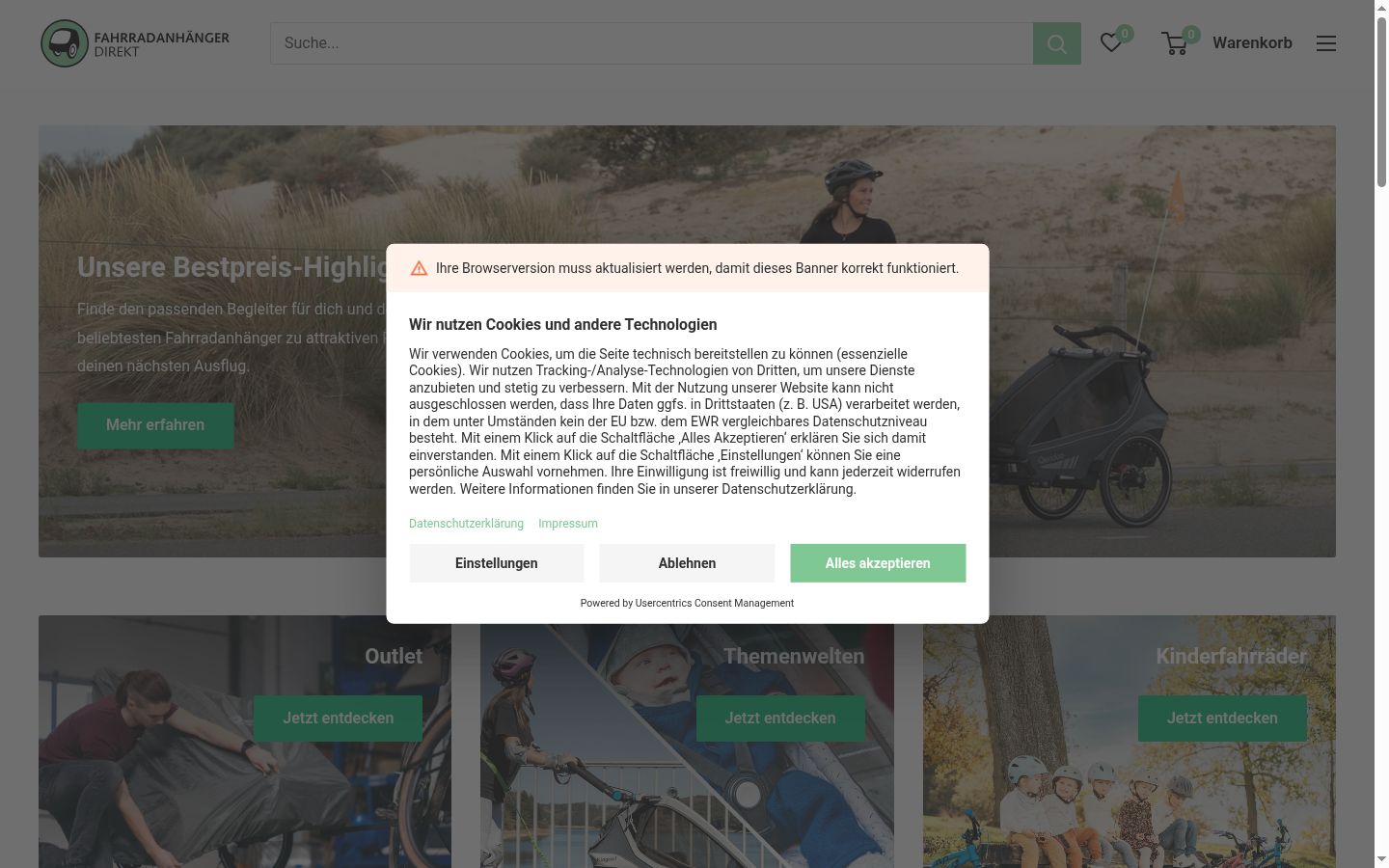 Screenshot des Einwilligungsbanners vor jeglicher Interaktion