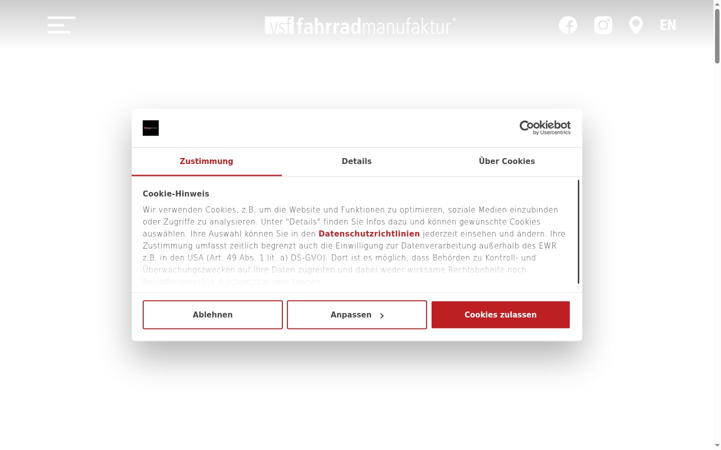 Captura de ecrã do banner de consentimento apresentado antes de qualquer interação