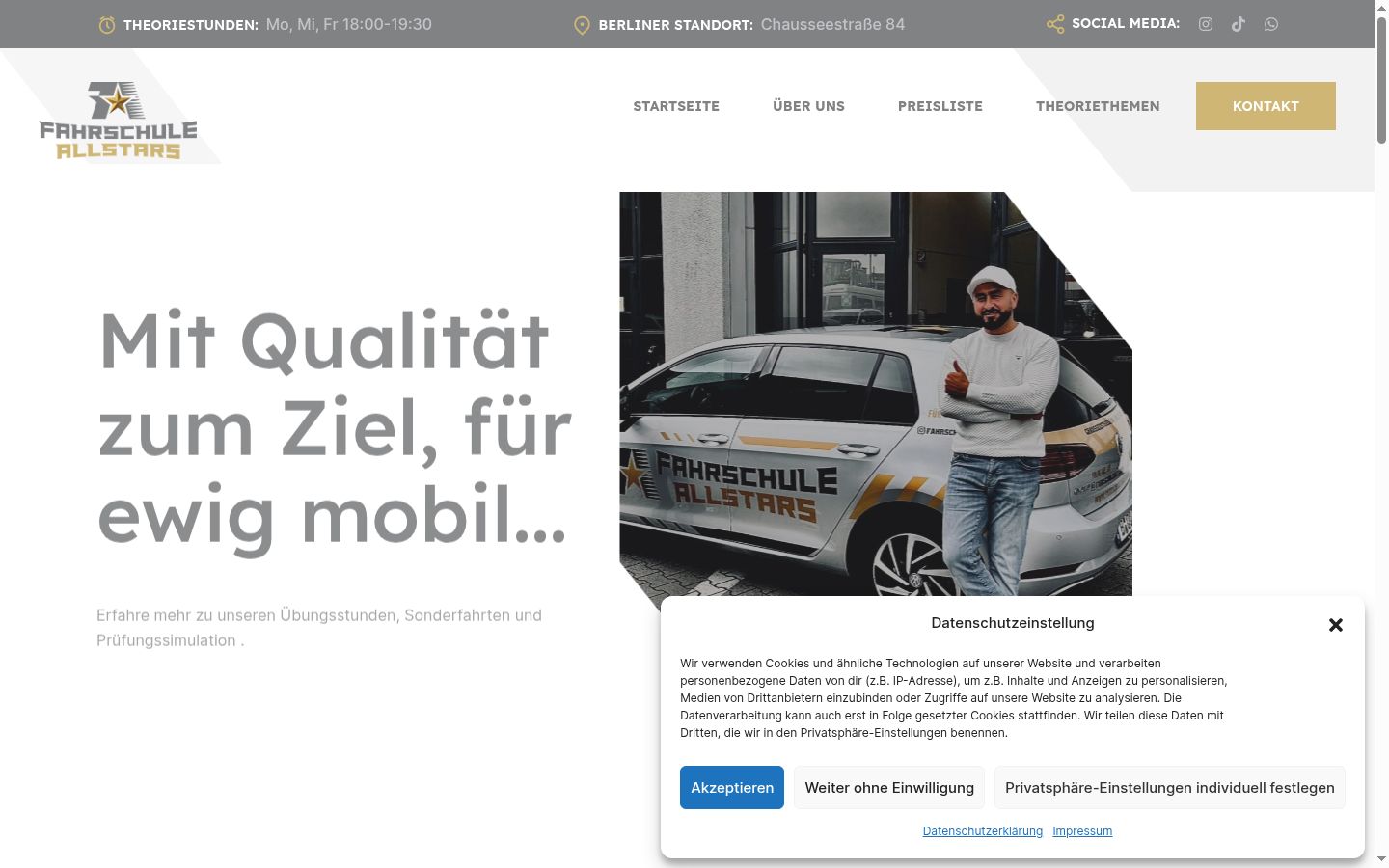 Screenshot des Einwilligungsbanners vor jeglicher Interaktion