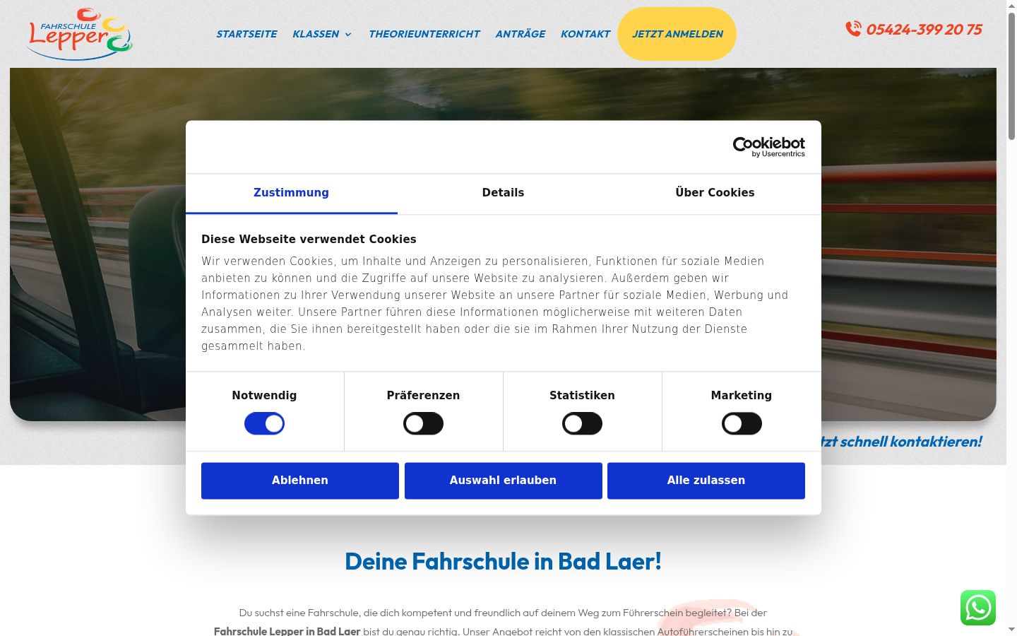 Screenshot des Einwilligungsbanners vor jeglicher Interaktion