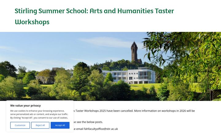 Screenshot of fahsummerschoolworkshops.stir.ac.uk