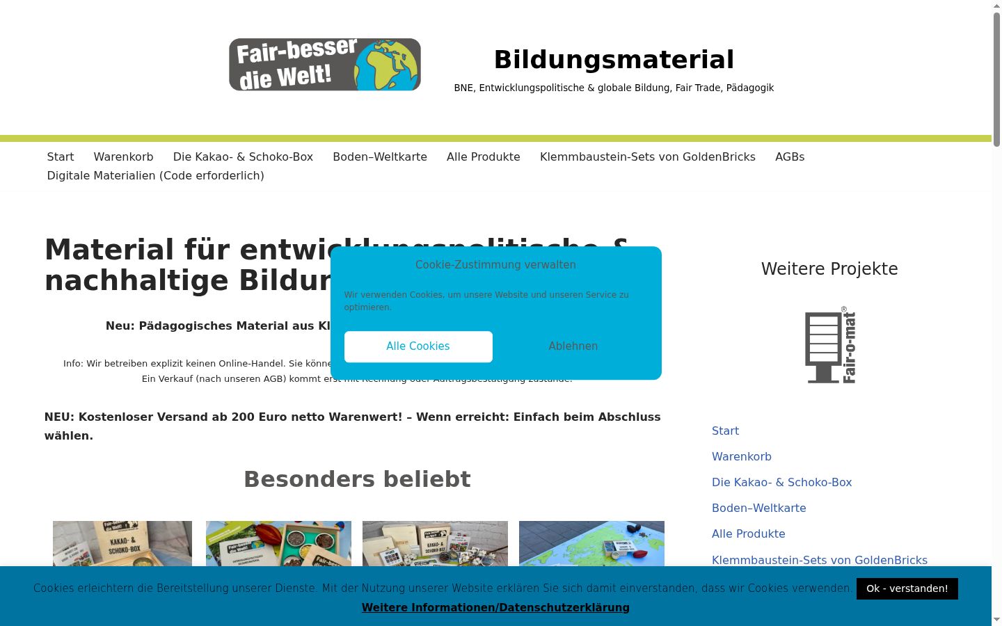 Screenshot des Einwilligungsbanners vor jeglicher Interaktion