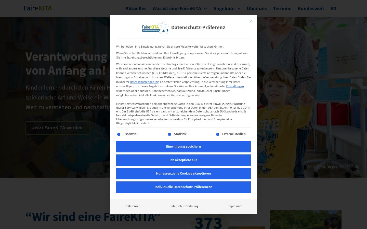 Ekrānuzņēmums ar piekrišanas baneri, kas tika rādīts pirms jebkādas mijiedarbības