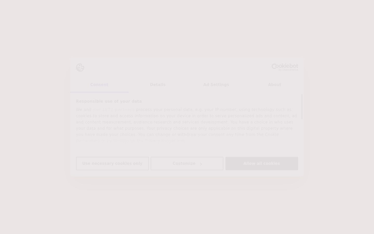 Captura de pantalla del banner de consentimiento mostrado antes de cualquier interacción