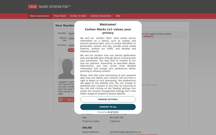 Screenshot von fakenamegenerator.com