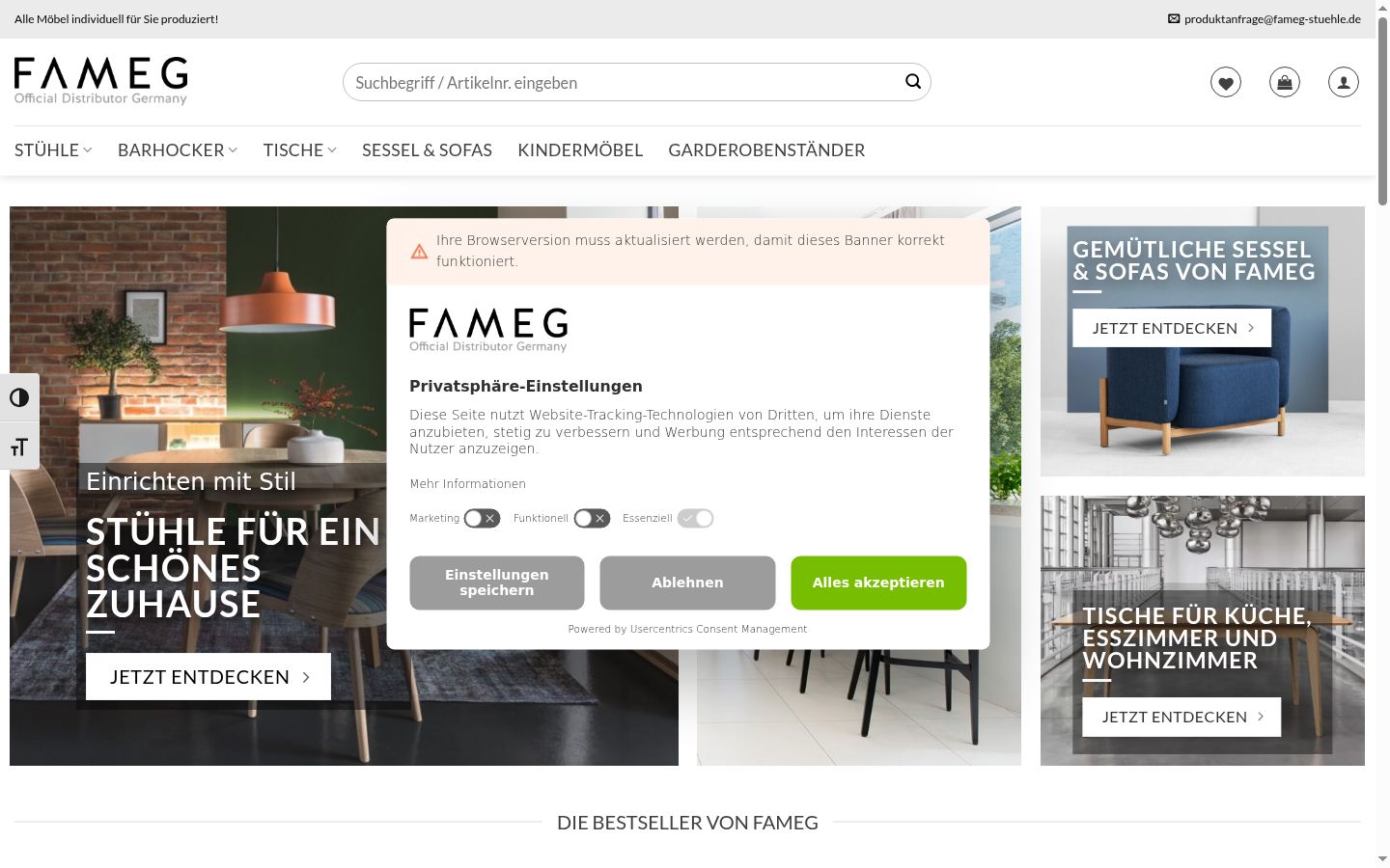 Screenshot des Einwilligungsbanners vor jeglicher Interaktion