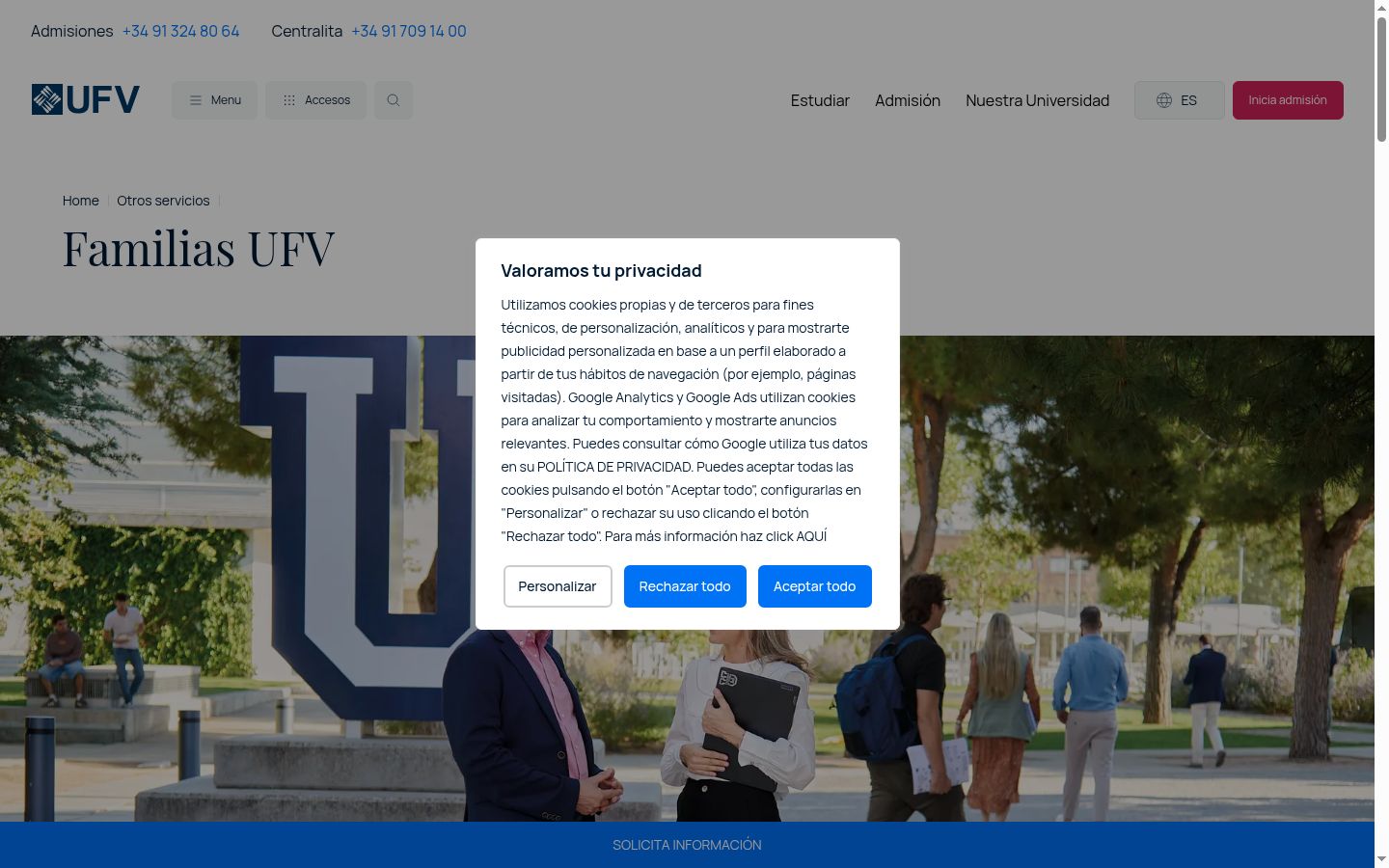 Captura de ecrã do banner de consentimento apresentado antes de qualquer interação