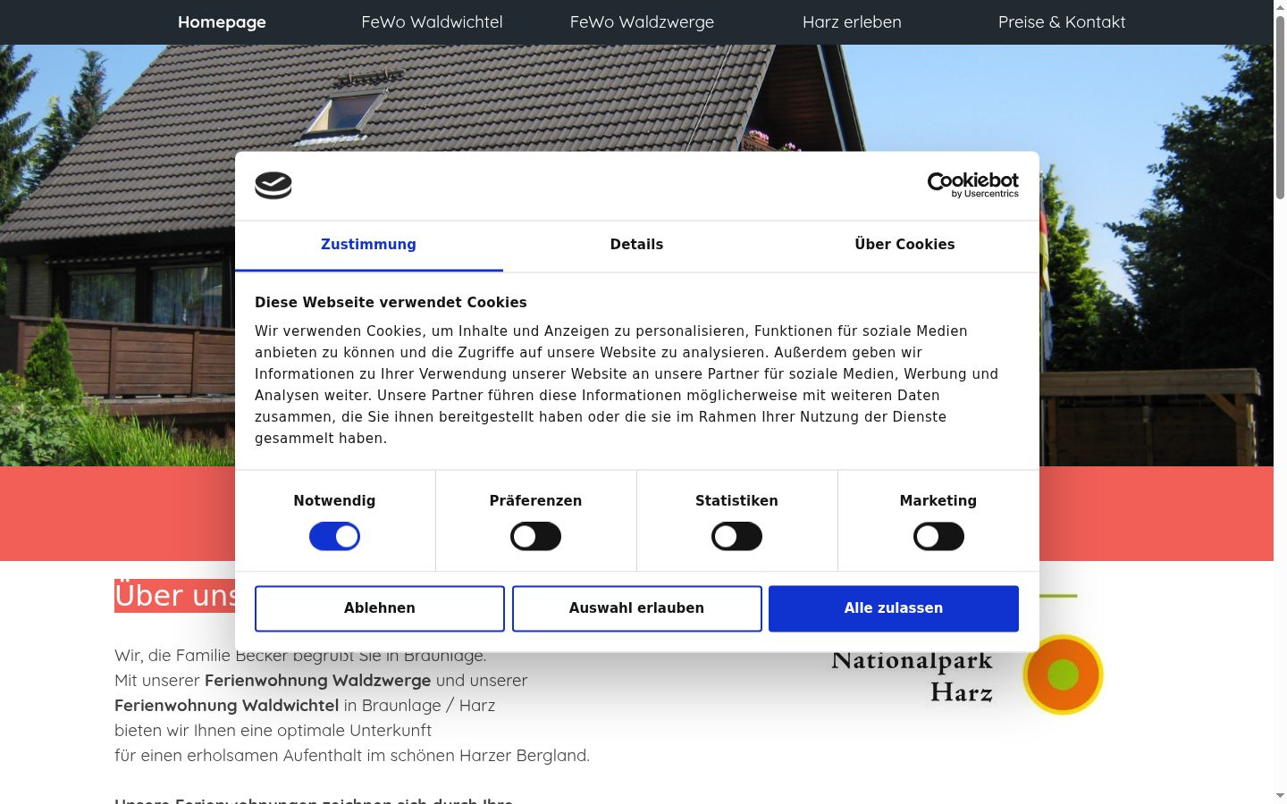 Captura de pantalla del banner de consentimiento mostrado antes de cualquier interacción
