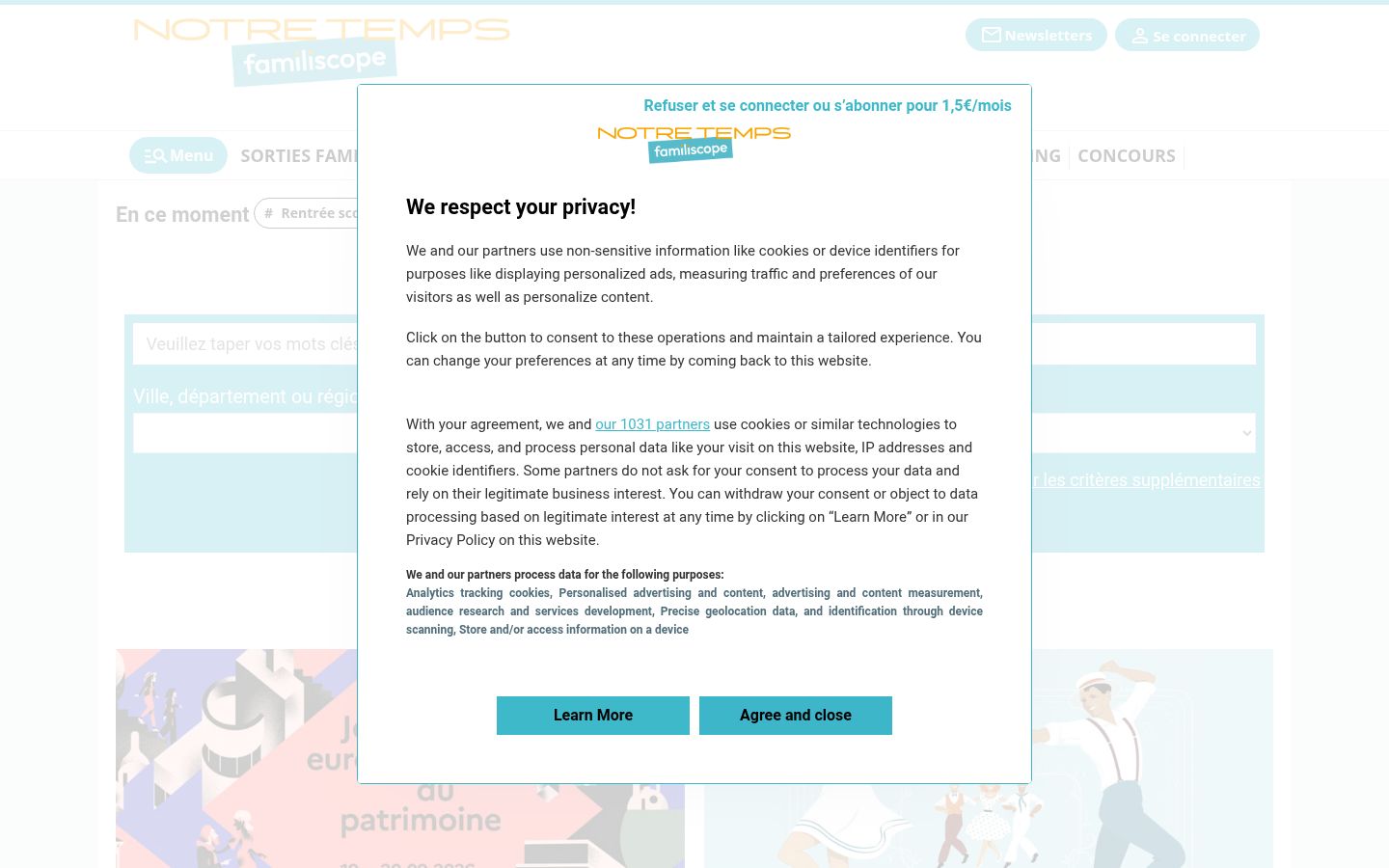 Capture d'écran de la bannière de consentement affichée avant toute interaction