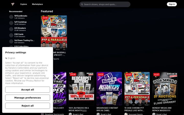 Screenshot of fanatics.live