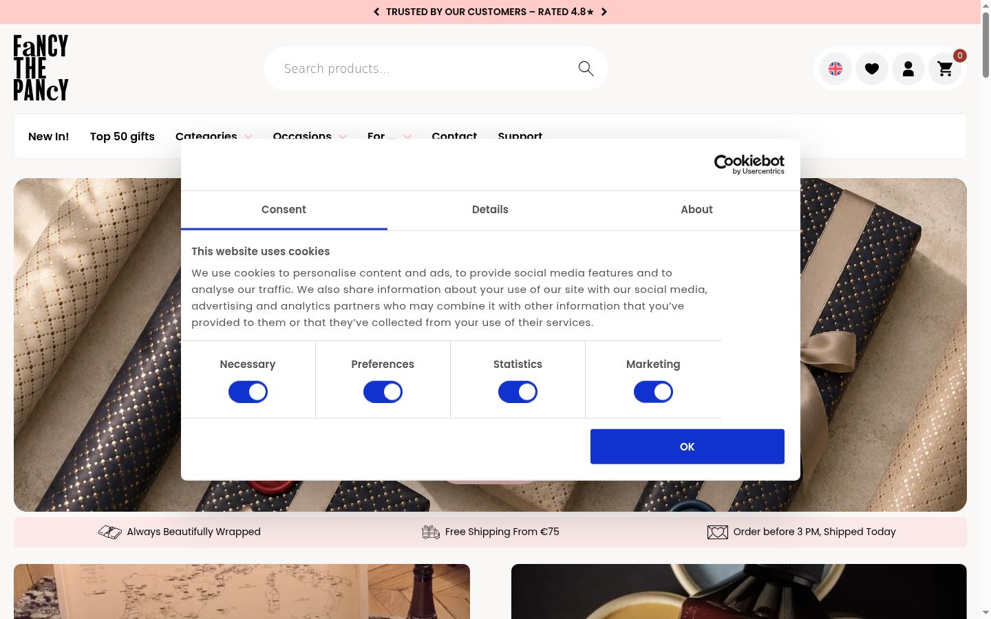 Snímka obrazovky banera súhlasu zobrazeného pred akoukoľvek interakciou