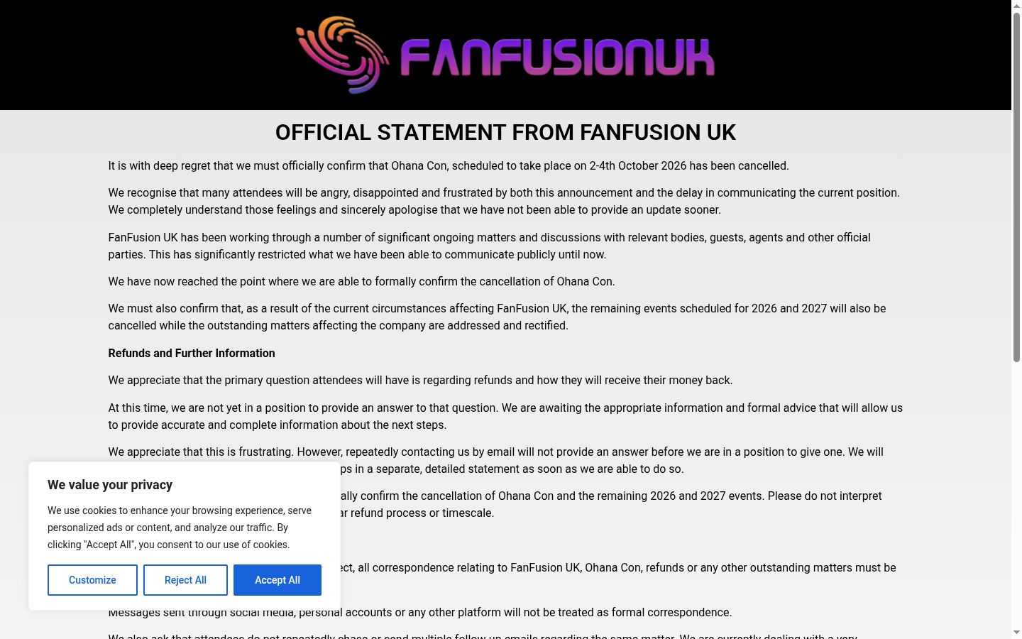 Screenshot del banner di consenso mostrato prima di qualsiasi interazione