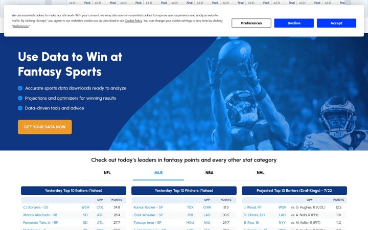 Screenshot of fantasydata.com