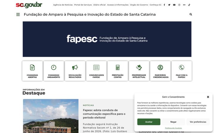 Snimka zaslona za fapesc.sc.gov.br