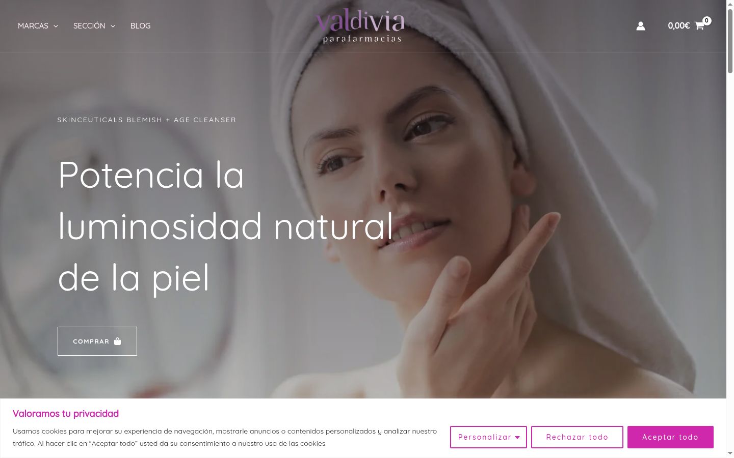 Captura de pantalla del banner de consentimiento mostrado antes de cualquier interacción