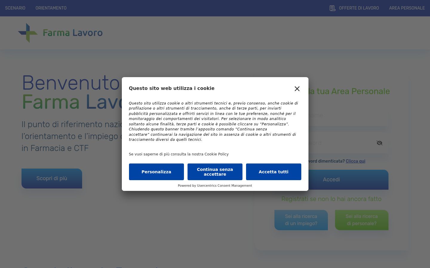Screenshot del banner di consenso mostrato prima di qualsiasi interazione