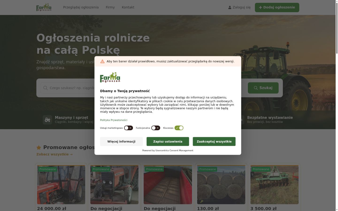 Zrzut ekranu banera zgody wyświetlanego przed jakąkolwiek interakcją