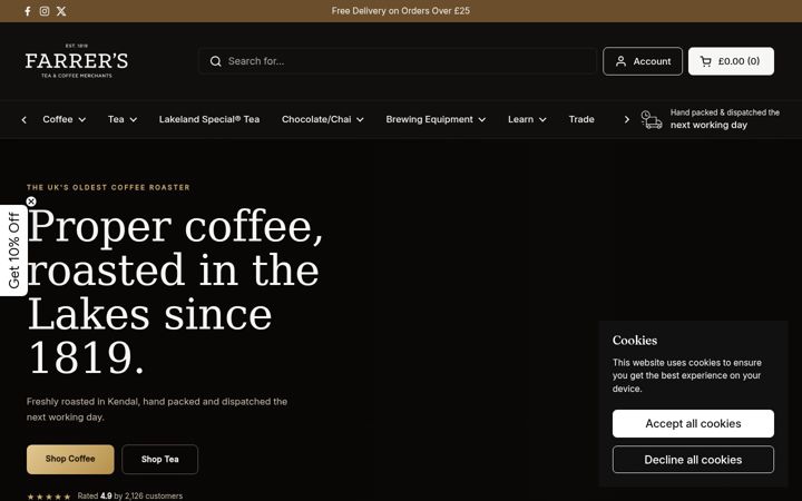 Screenshot stránky farrerscoffee.co.uk