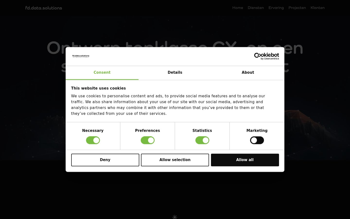 Screenshot del banner di consenso mostrato prima di qualsiasi interazione