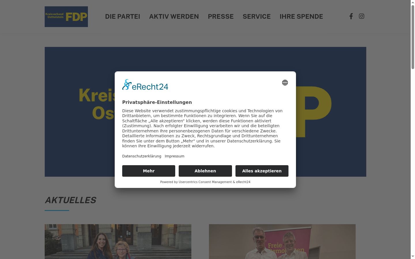 Screenshot des Einwilligungsbanners vor jeglicher Interaktion